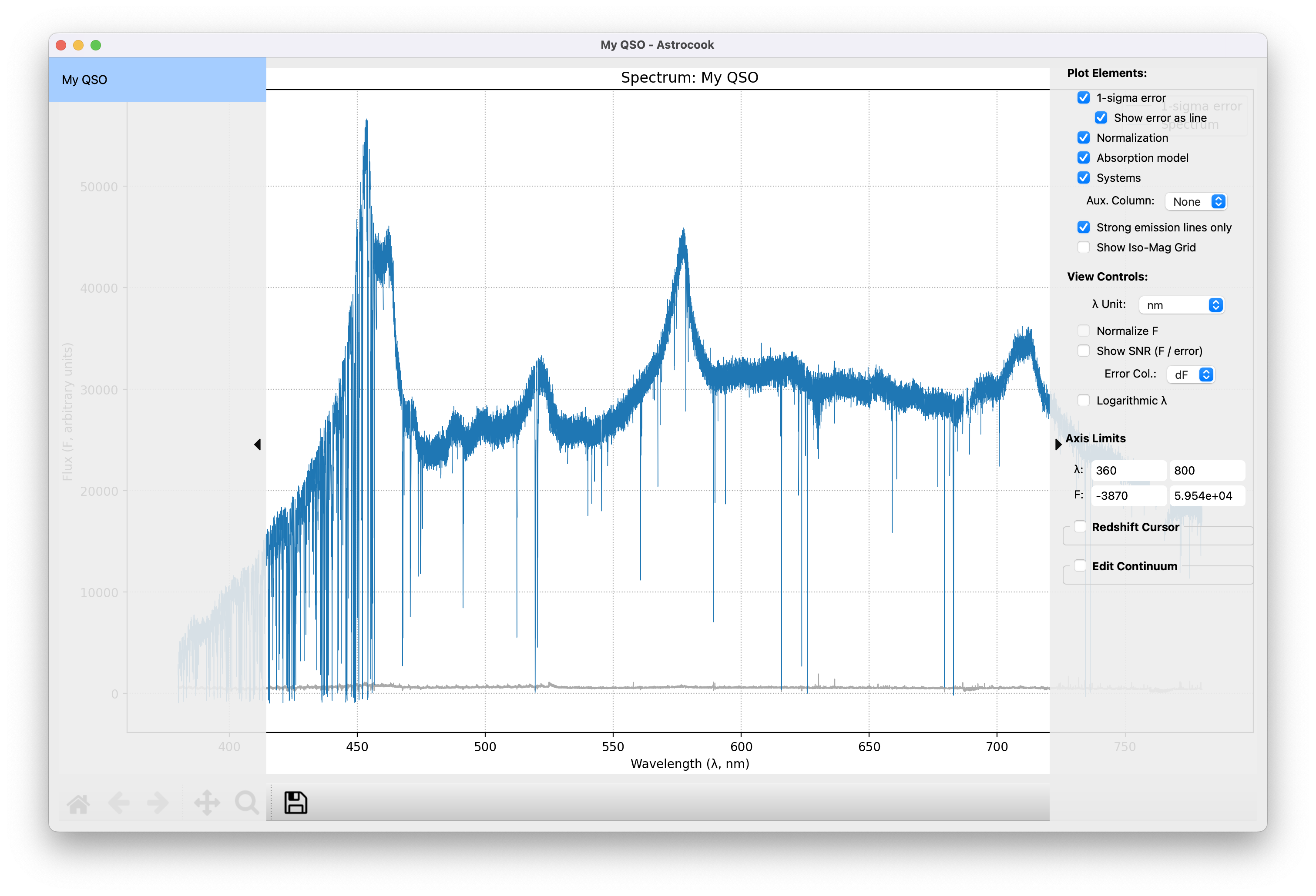 The main Astrocook interface with a spectrum loaded